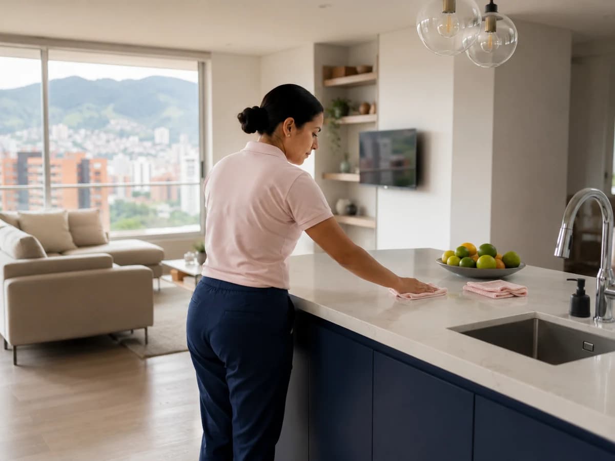 Sala de un apartamento en Medellín después de una limpieza de hogar de MimiMaids